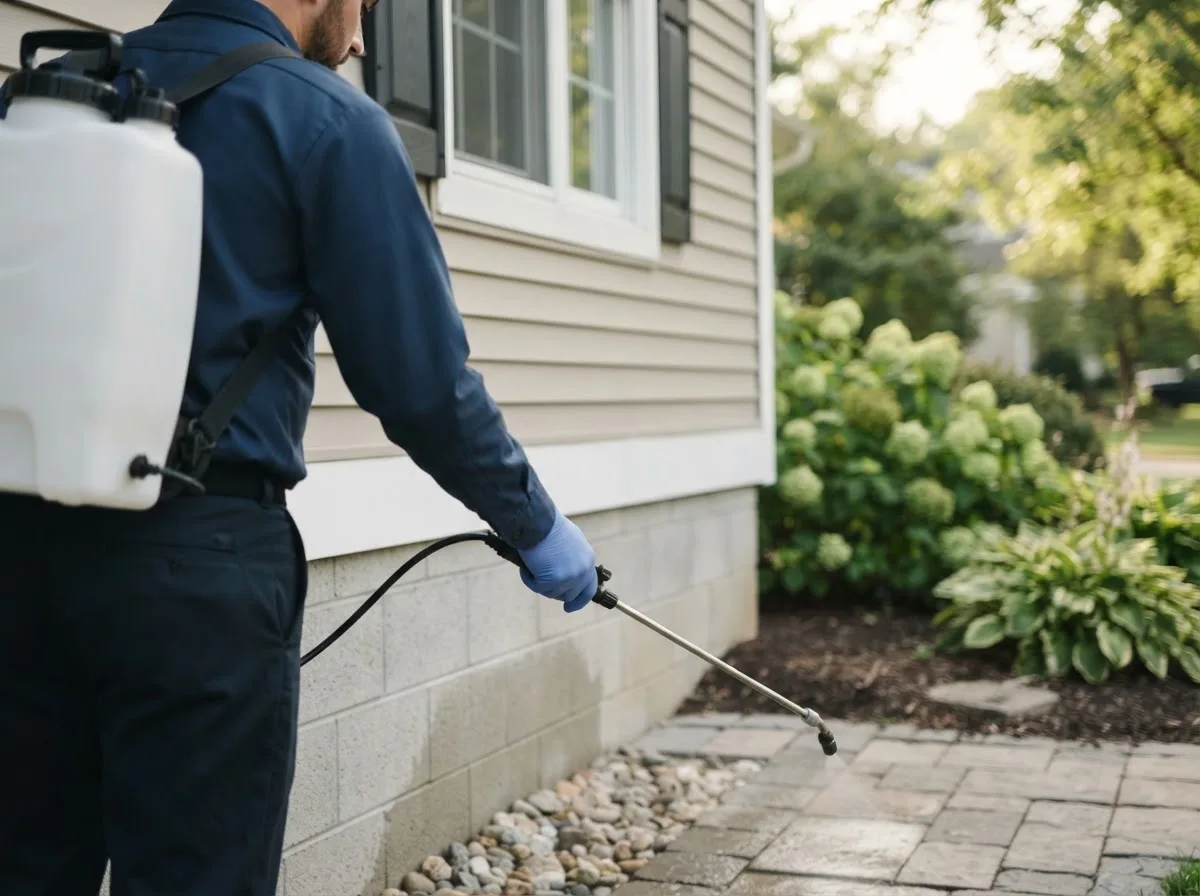 Pest control technician inspecting a home in Ashton, IL